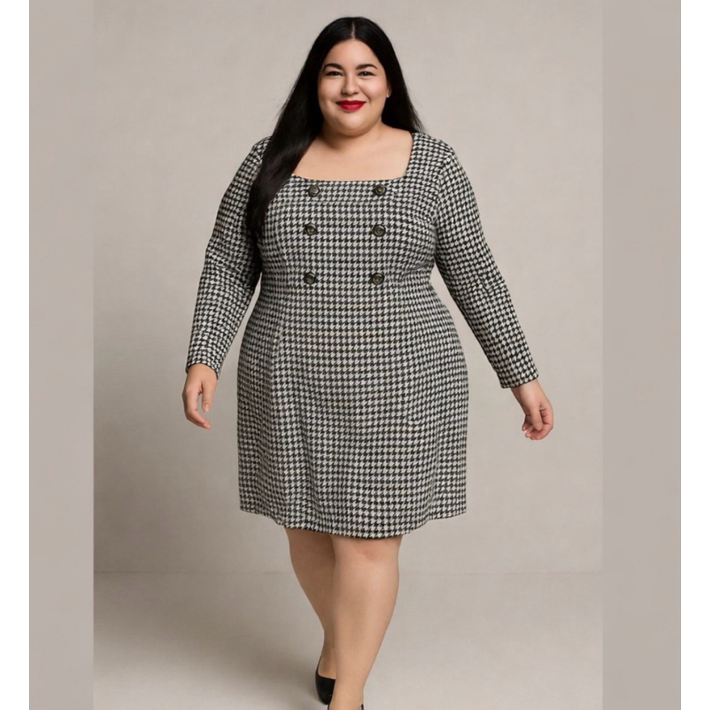 SHEIN Curve Houndstooth Long Sleeve Dress 3X Black White